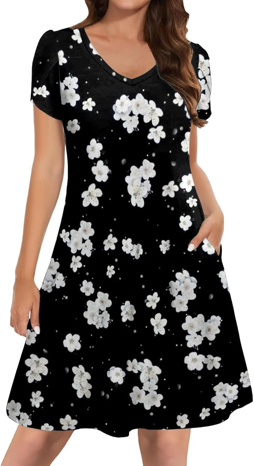 Womens Summer Dresses 2025 V Neck Short Sleeve Floral Graphic Sundresses Cute Loose Casual Midi Dress with Pockets