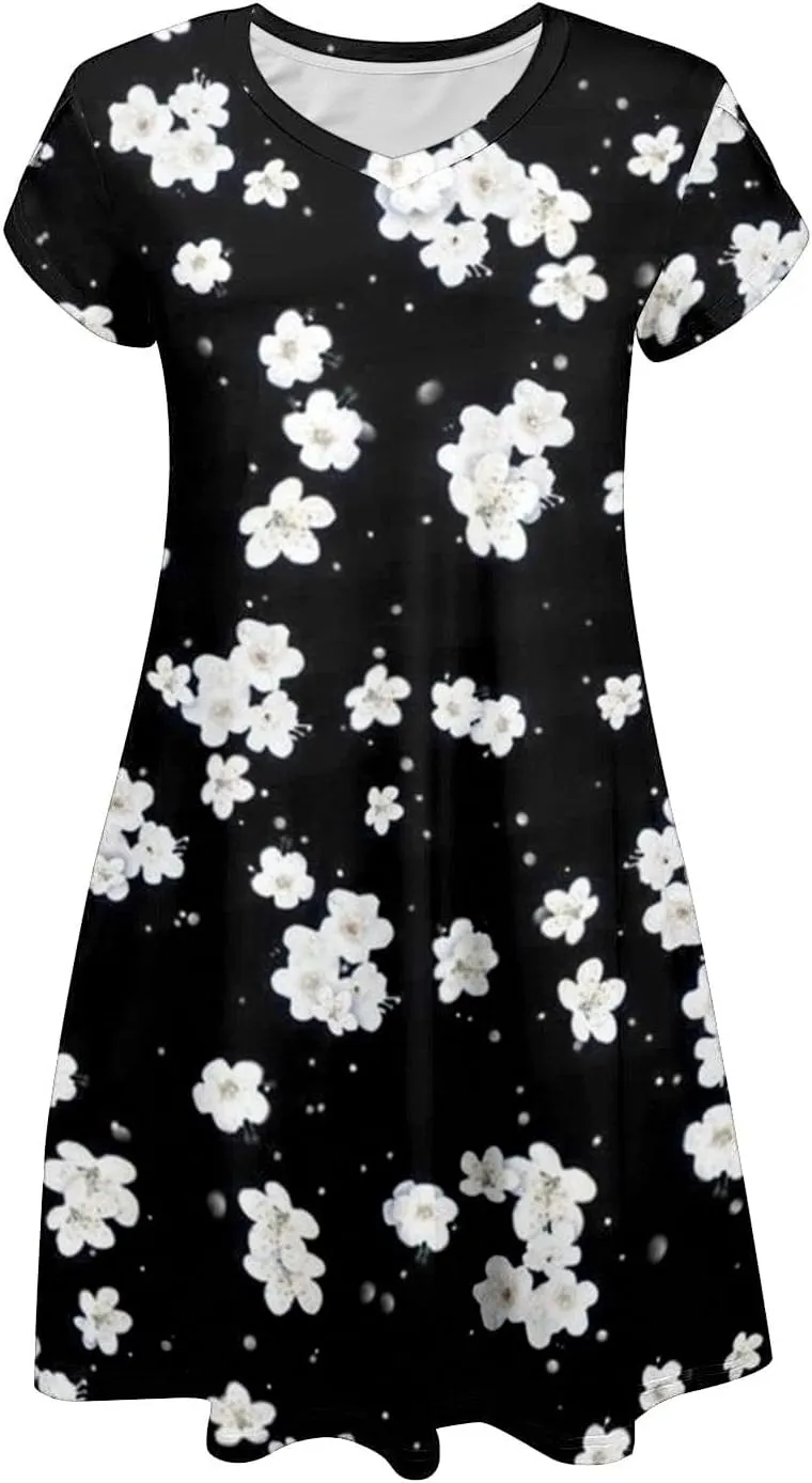 Womens Summer Dresses 2025 V Neck Short Sleeve Floral Graphic Sundresses Cute Loose Casual Midi Dress with Pockets