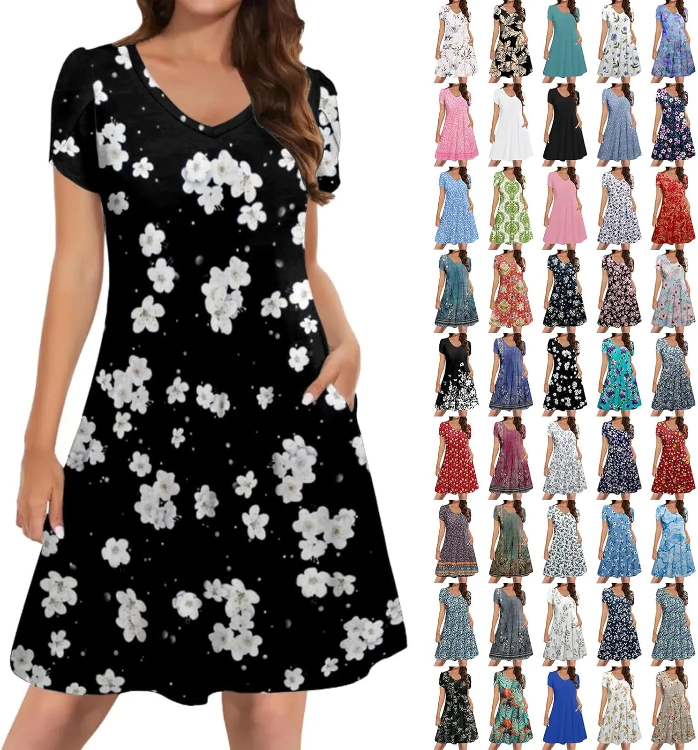Womens Summer Dresses 2025 V Neck Short Sleeve Floral Graphic Sundresses Cute Loose Casual Midi Dress with Pockets