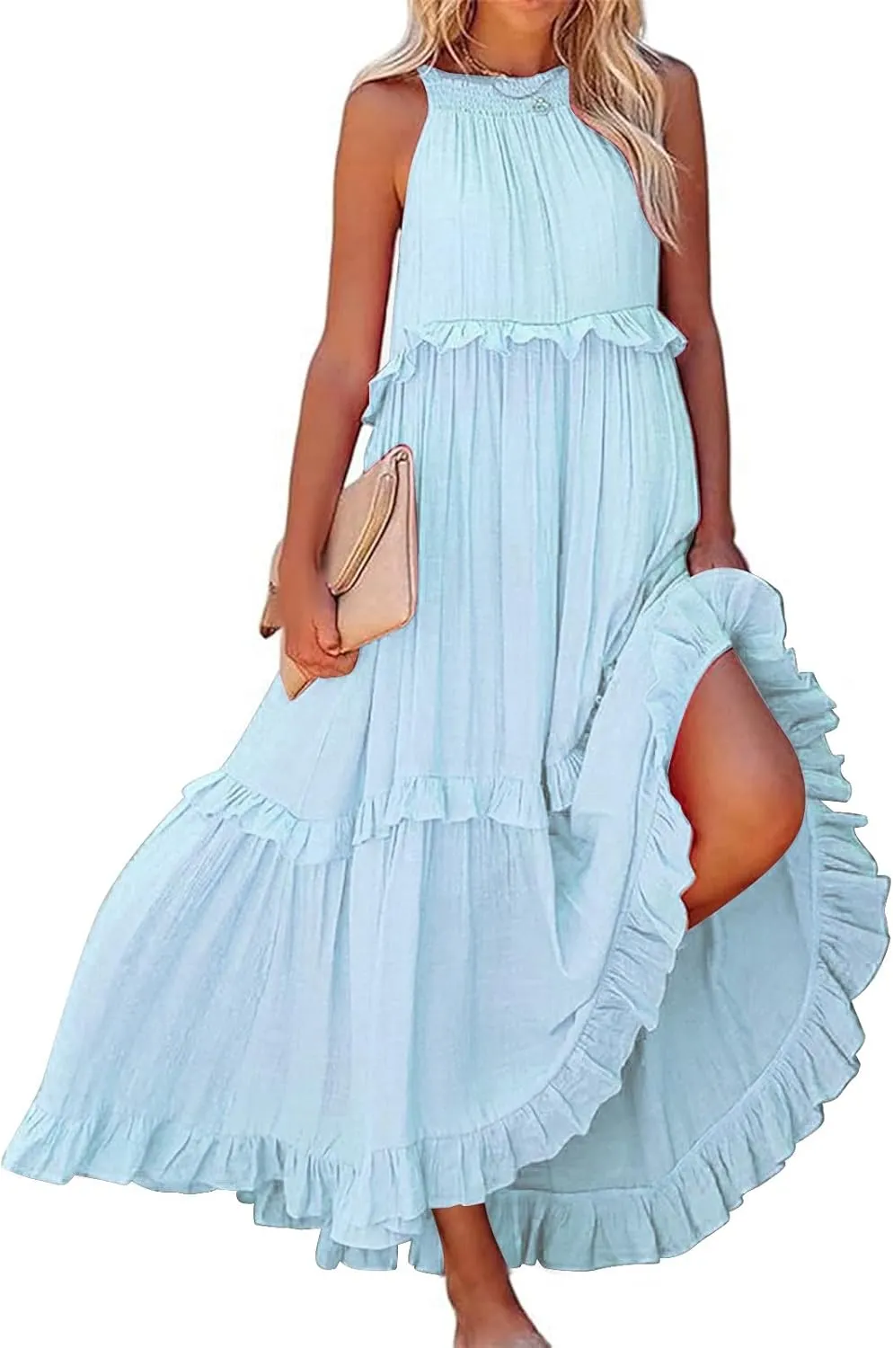 Women's Summer Sleeveless Halter Neck Ruffle Tiered Layed Chiffon Flowy Swing Long Midi Dress Ruffles Casual Boho Maxi Dress