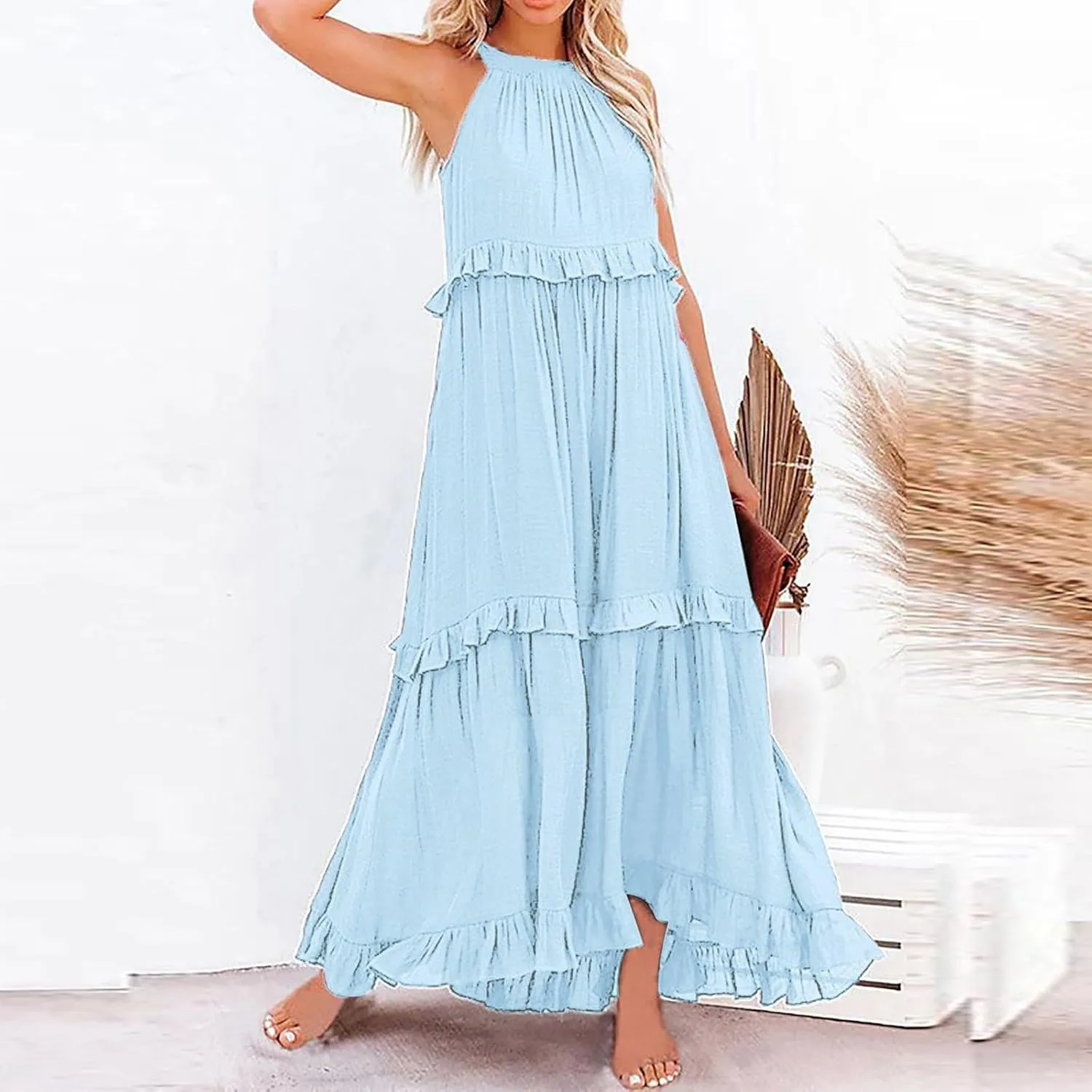 Women's Summer Sleeveless Halter Neck Ruffle Tiered Layed Chiffon Flowy Swing Long Midi Dress Ruffles Casual Boho Maxi Dress
