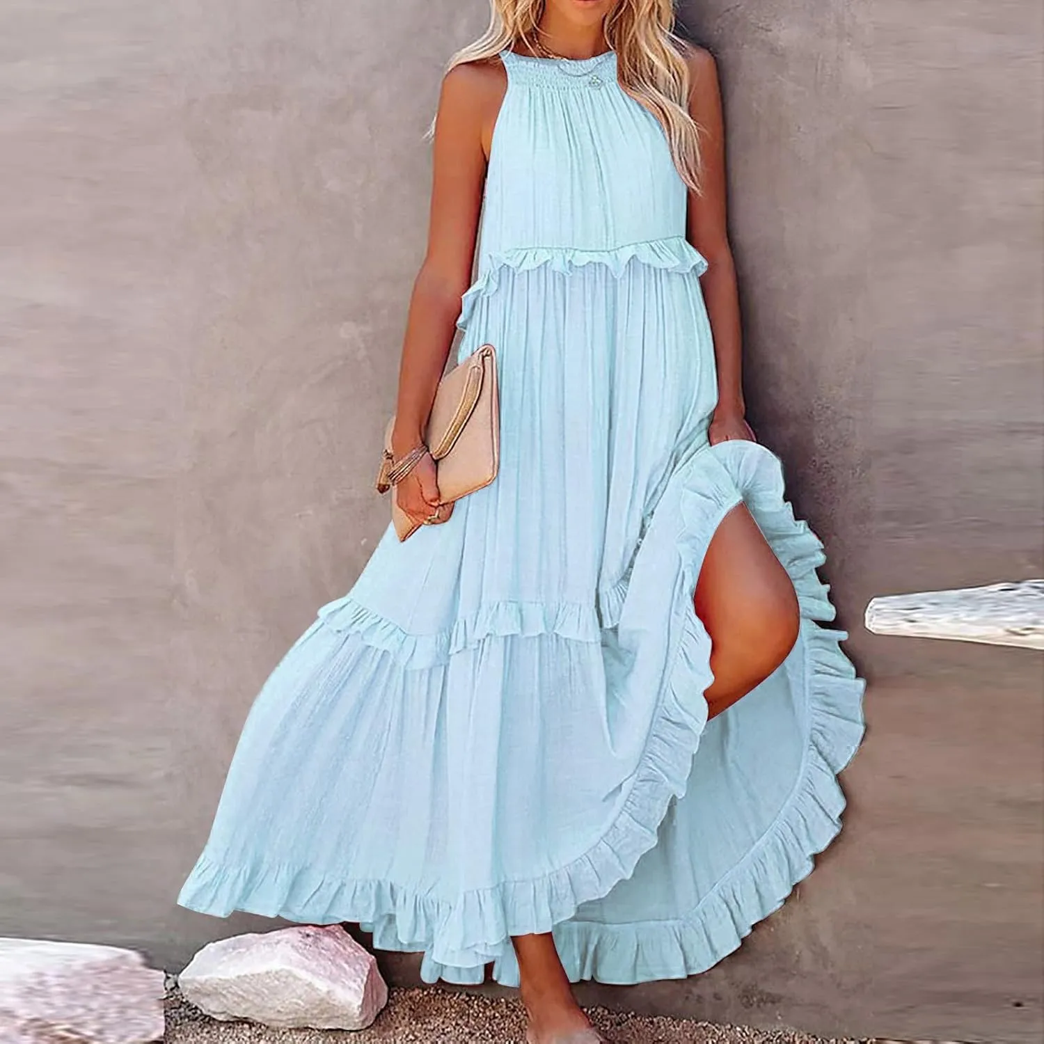 Women's Summer Sleeveless Halter Neck Ruffle Tiered Layed Chiffon Flowy Swing Long Midi Dress Ruffles Casual Boho Maxi Dress