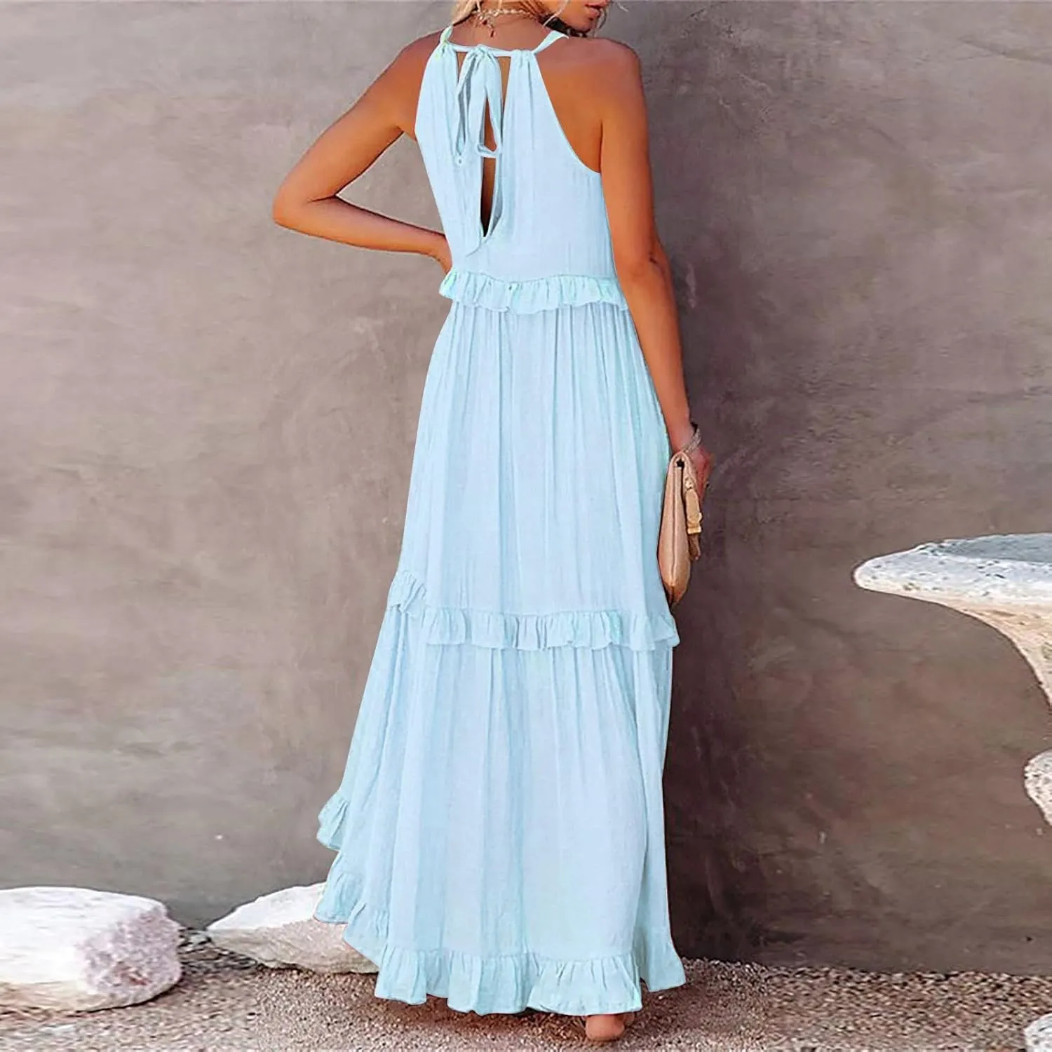 Women's Summer Sleeveless Halter Neck Ruffle Tiered Layed Chiffon Flowy Swing Long Midi Dress Ruffles Casual Boho Maxi Dress