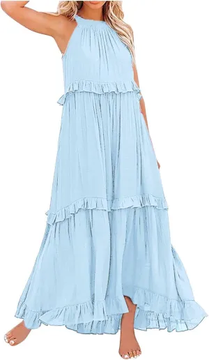Women's Summer Sleeveless Halter Neck Ruffle Tiered Layed Chiffon Flowy Swing Long Midi Dress Ruffles Casual Boho Maxi Dress